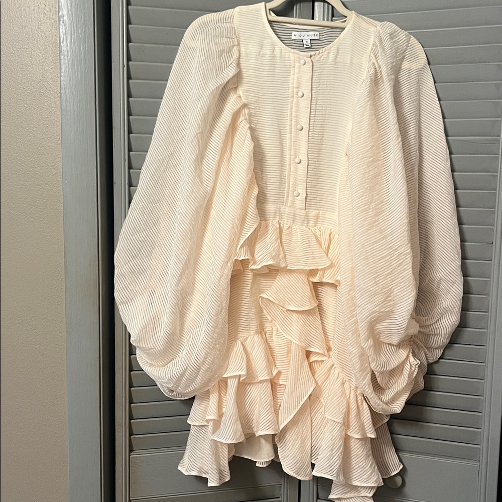 Miou Muse Romantic Ruffled Mini Dress, Very Full Sleeves, Button Front, Sz S